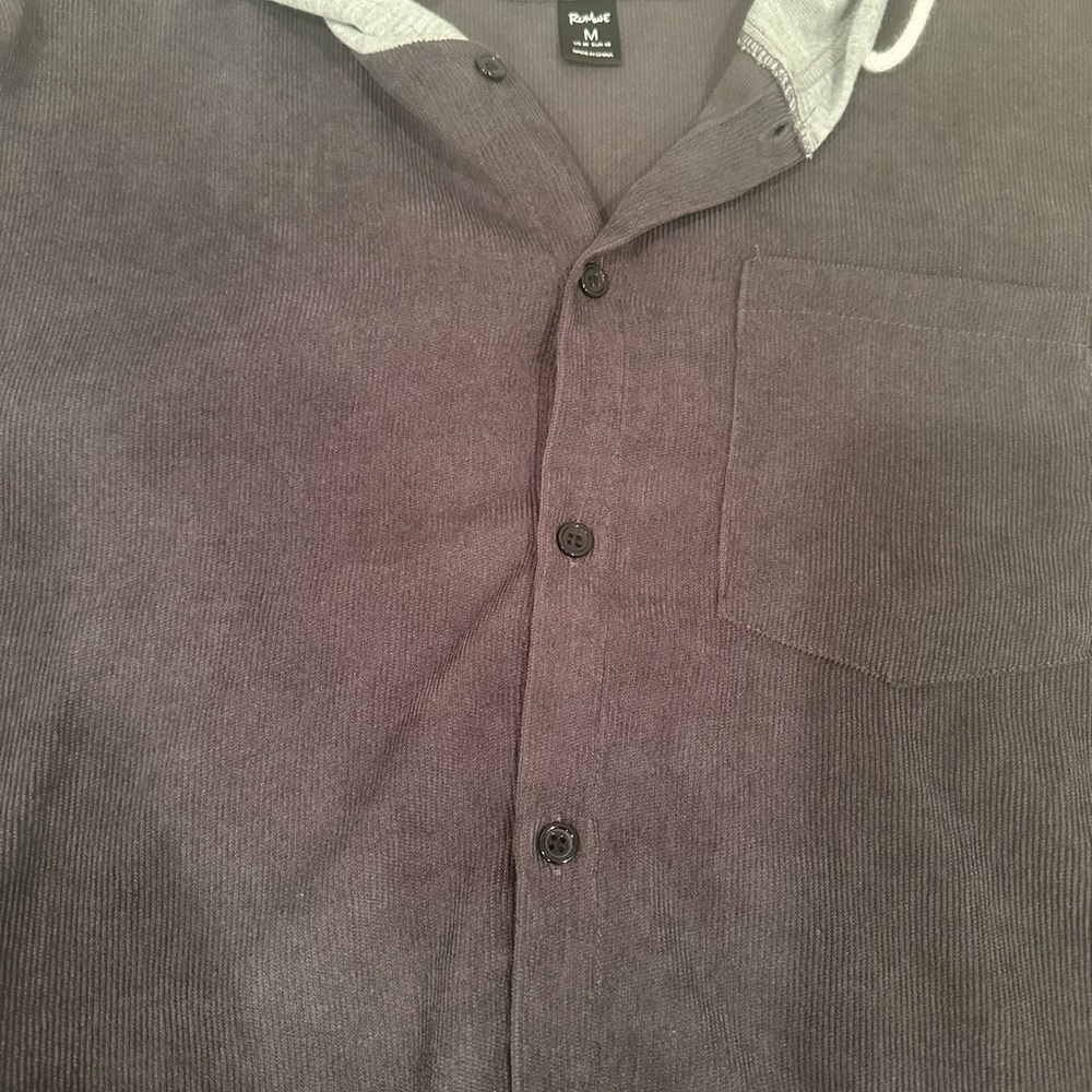 ROMWE Men’s Grey Corduroy Button-Up Hooded Shirt Fall Layer Sz M - Picture 6 of 7